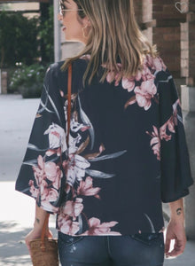 Front tie floral top in charcoal