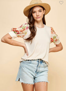 Taupe top with floral sleeves