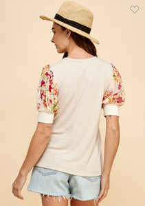 Taupe top with floral sleeves