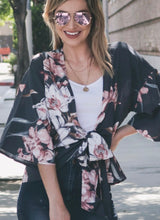 Load image into Gallery viewer, Front tie floral top in charcoal