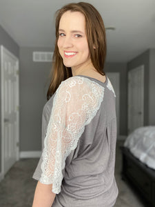 Charcoal Grey Top with Lace Sleeves