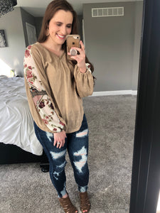 Taupe Top With Floral Sleeves