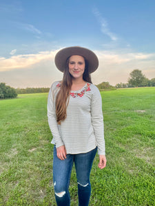 Grey striped and floral embroidered long sleeve +